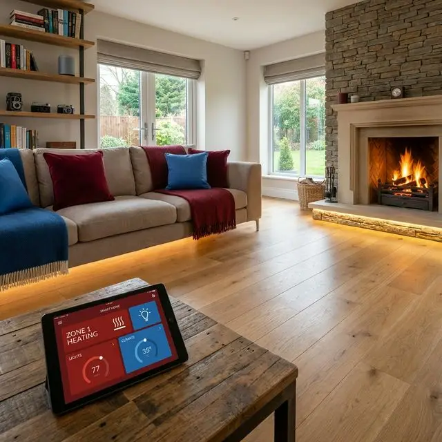 Living room with smart underfloor heating controlled by Home Assistant